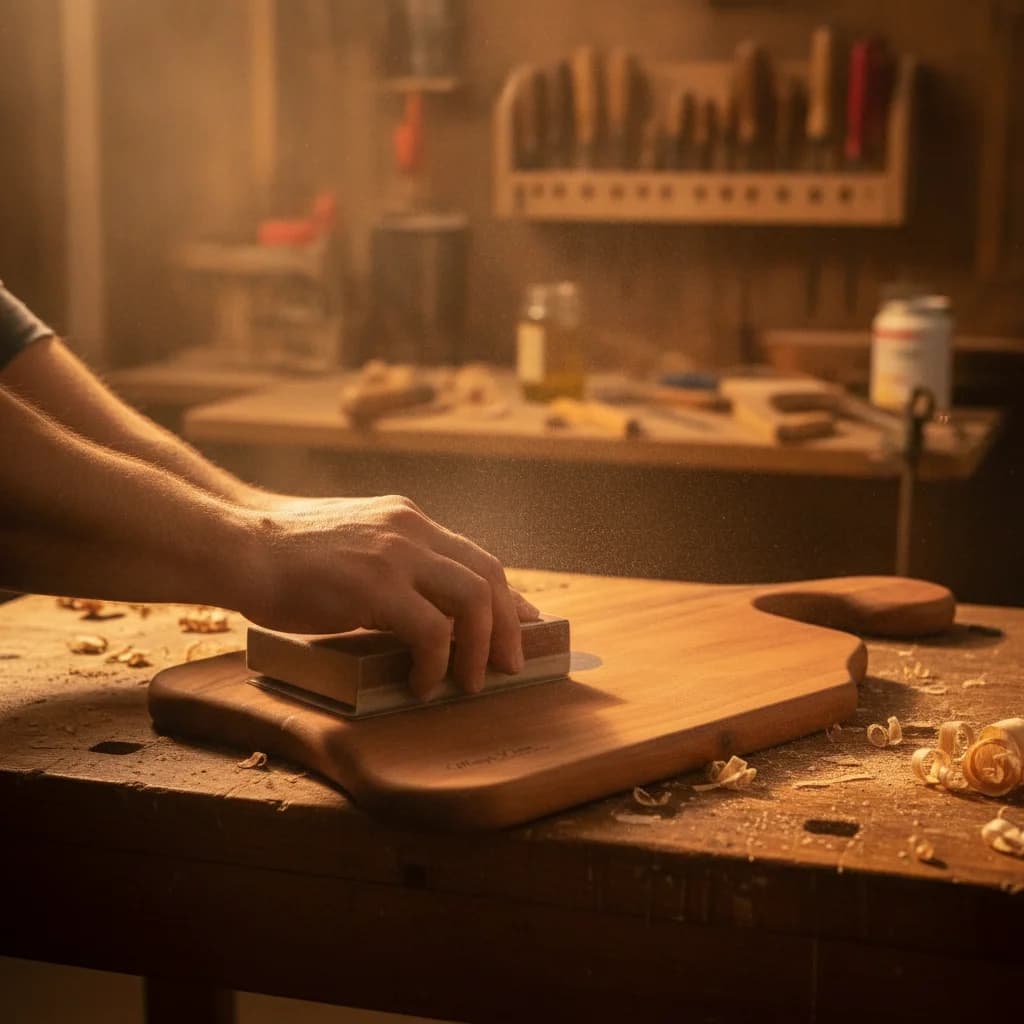 Manos restaurando una tabla de madera en el taller